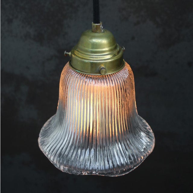 Vintage French Glass and Brass Pendant Light from Holophane For Sale - Image 4 of 7