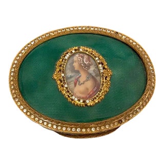 19th Century French Jewelry Box: Bronze, Guilloche Enamel, and Hand-Painted Portrait For Sale