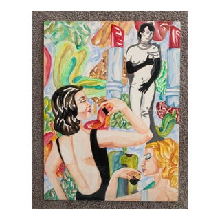 1990s Modernist Acrylic Colorful Painting on Wood of Women For Sale