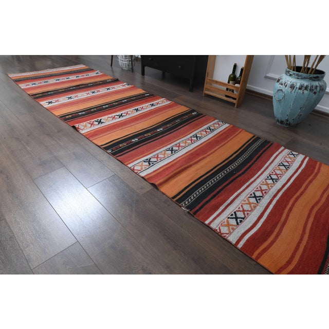 1970s 1970s Vintage Handmade Wool Cotton Kilim Runner Rug For Sale - Image 5 of 10