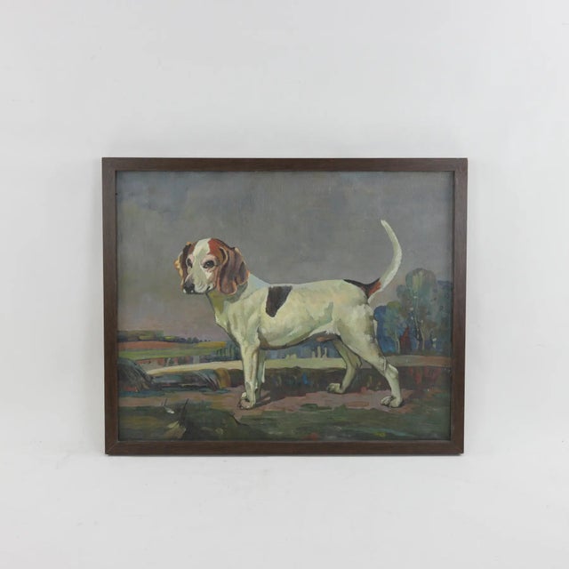 Vintage Oil Painting of a Hunting Hound Dog in Landscape Scene - Framed Art For Sale - Image 11 of 11