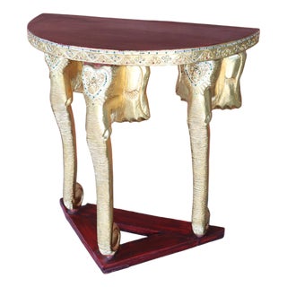 Thai Vintage Carved Bejeweled Gilt Elephant Base Demilune Table With Red Stain For Sale