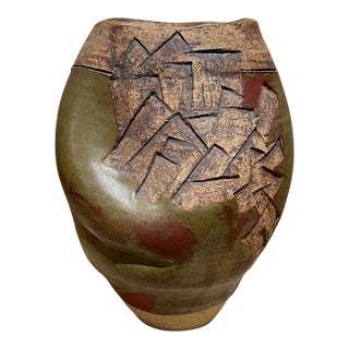Studio Art Pottery Earthenware Textured Vase Vessel For Sale