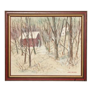 Carl Nickel Red Barn in Winter Landscape Oil Painting, Custom Framed