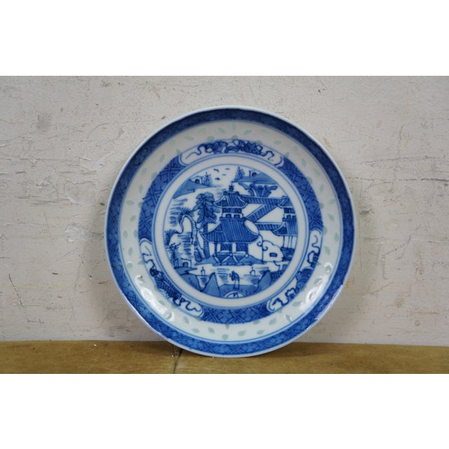 Vintage Chinese Rice Eye Grain Translucent Blue Porcelain Dinnerware - 10 Pc For Sale - Image 6 of 11