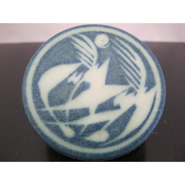 Blue Abstract Graphic Design Round Lidded Studio Pottery Box For Sale In Portland, OR - Image 6 of 10