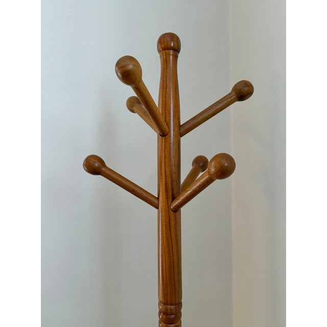 Mid-Century Modern Vintage Oak Tripod Coat Rack With Turned Pole and Ball Pegs For Sale - Image 3 of 8