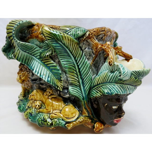 Antique French Onnaing Majolica Blackamoor and Lions Jardinière, C. 1900 For Sale - Image 4 of 12