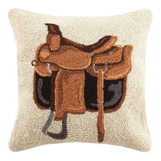 Equestrian Saddle Wool Hooked Throw Pillow 18" Square For Sale