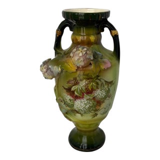 Antique Art Nouveau Majolica-Style Green Floral Vase With Twin Handles, Circa 1900 For Sale
