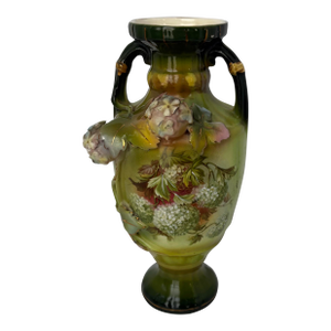 Antique Art Nouveau Majolica-Style Green Floral Vase With Twin Handles, Circa 1900
