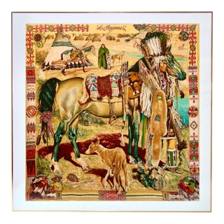 Framed Hermès Silk Scarf "Les Cheyennes" by Oliver Kermit, 1993 - Orange Gold Frame For Sale