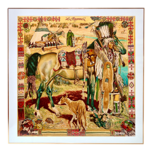 Framed Hermès Silk Scarf "Les Cheyennes" by Oliver Kermit, 1993 - Orange Gold Frame