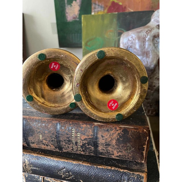 Gold Pair of Vintage Italian Gilt Ceramic Candlestick Holders For Sale - Image 8 of 10