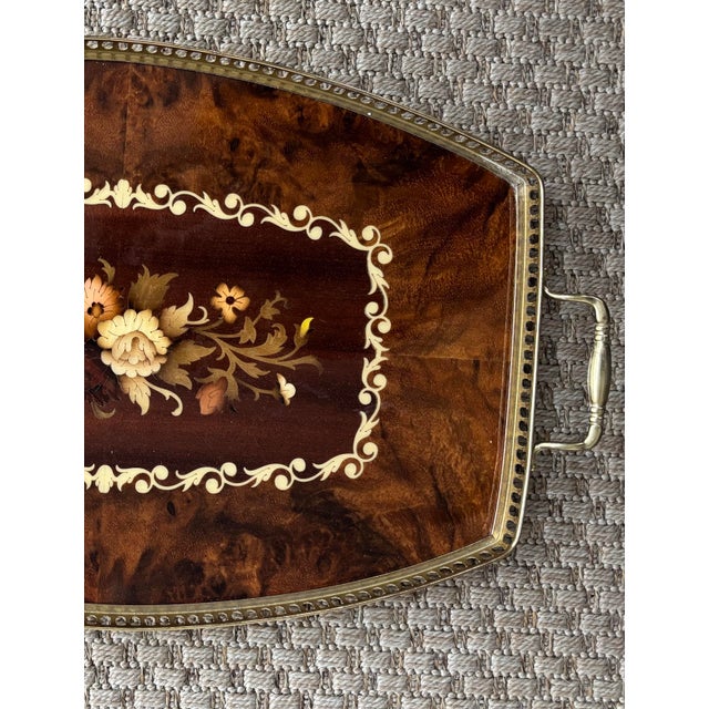 Traditional Mid 20th Century Wood Marquetry Inlay and Brass Tray For Sale - Image 3 of 7