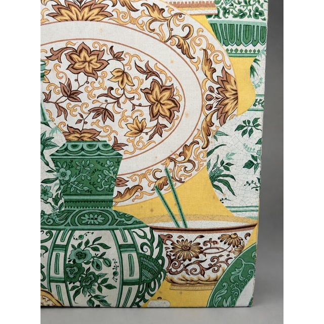 Chinoiserie Monumental Chinoiserie Decorated Four-Panel Upholstered Floor Screen (2 Avail) For Sale - Image 3 of 8
