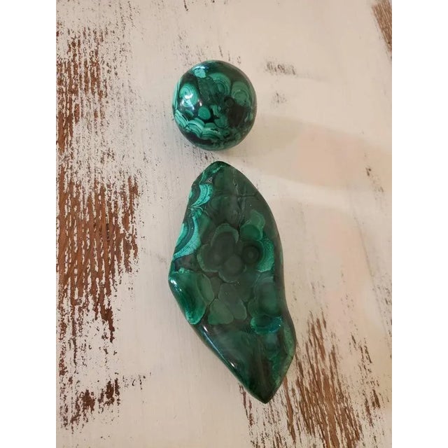 Brutalist Malachite Carved Vide Poche Stones - a Pair For Sale - Image 3 of 8