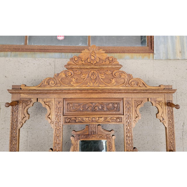 Antique Hall Tree Carved Oak Victorian Gothic Revival Ca. 1895-1915 For Sale - Image 11 of 18