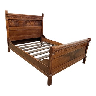 Antique Victorian Eastlake Walnut & Burl Double Bed For Sale