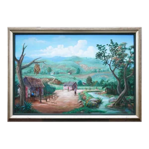 Late 20th Century Modern Realist Green & Brown Toned Rural Village Landscape Painting With Figures By