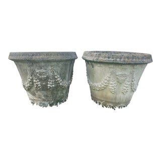 Pair of Weathered Neoclassical Cast Stone Garland & Lion Mask Planters - Charlotte Nc Estate For Sale