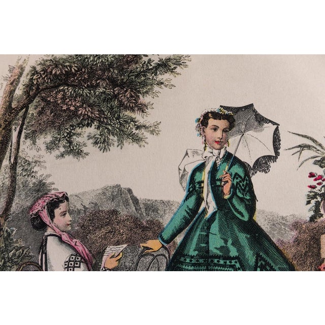 French Lot of 5 Antique French Fashion Plates L La Mode Illustrée 1870s L Signed Anaïs Toudouze, Hand Colored Bustle Dresses, 9x12" Each For Sale - Image 3 of 17