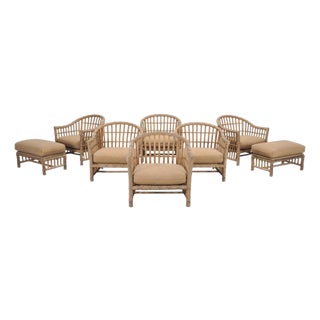 Set of Six Rattan Lounge Chairs & Two Ottomans by Danny Ho Fong For Sale