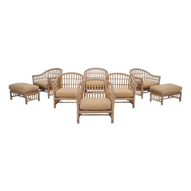 Set of Six Rattan Lounge Chairs & Two Ottomans by Danny Ho Fong For Sale