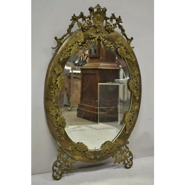 Antique French Victorian Brass Frame Bronze Ormolu Oval Beveled Glass Mirror For Sale - Image 12 of 12