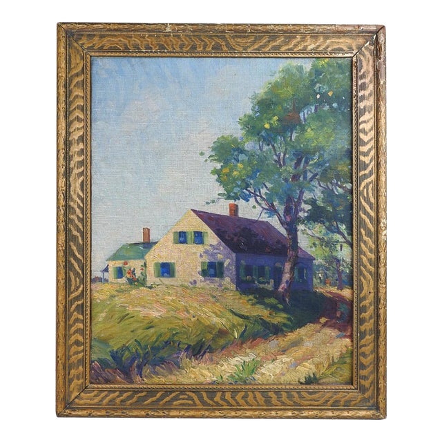 Vintage 1930s Farmhouse Landscape Painting For Sale
