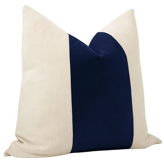Contemporary 22" Sapphire Mohair Panel + Linen Pillows - a Pair For Sale - Image 3 of 6