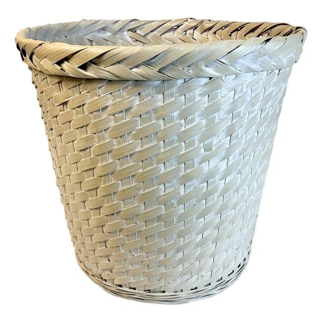 Mid-Century Boho Chic Coastal White Washed Almond Painted Wicker Wastebasket. For Sale