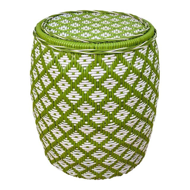 Vintage Boho Avocado Green & White Argyle Faux Wicker Garden Stool For Sale