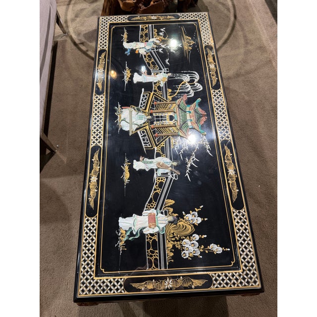 Vintage Black Chinoiserie Coffee Table With Shellwork & Glass Top For Sale - Image 4 of 10
