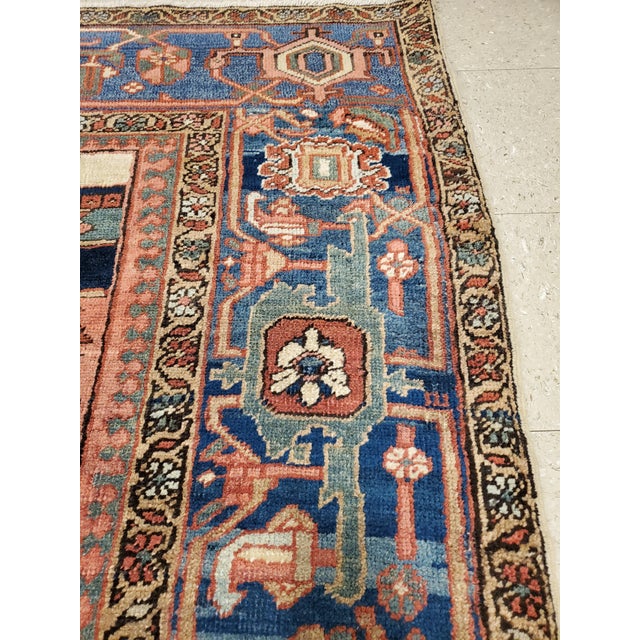 Early 20th Century Antique Persian Heriz Carpet Handmade Wool Oriental Rug, Rust, Navy, Light Blue For Sale - Image 5 of 18