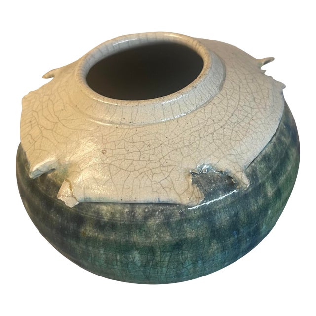 Exquisite Turquoise Jade Aquamarine Fired Crackled Raku Art Pottery VTG Signed For Sale
