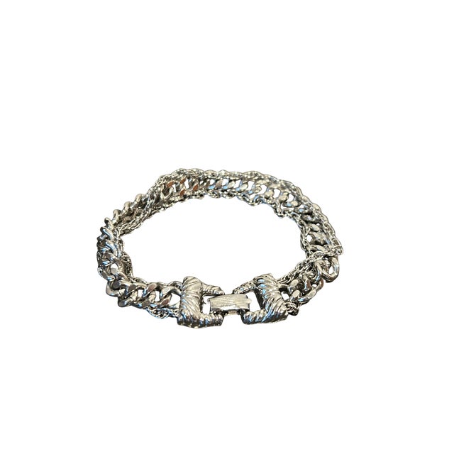 Vintage Goldette NYC Silver-Tone Double Curb Link Bracelet with Figural Clasp | Victorian Revival Costume Jewelry |...