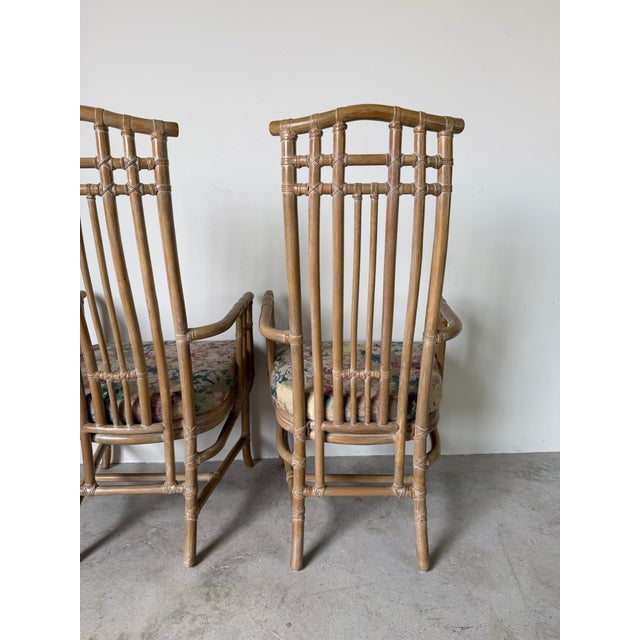 Brown Vintage Coastal Organic Rattan and Leather Arm Dining Chairs – A Pair For Sale - Image 8 of 12