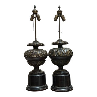 Pair of Antique Carved Italian Acanthus Leaf Finial Lamps For Sale