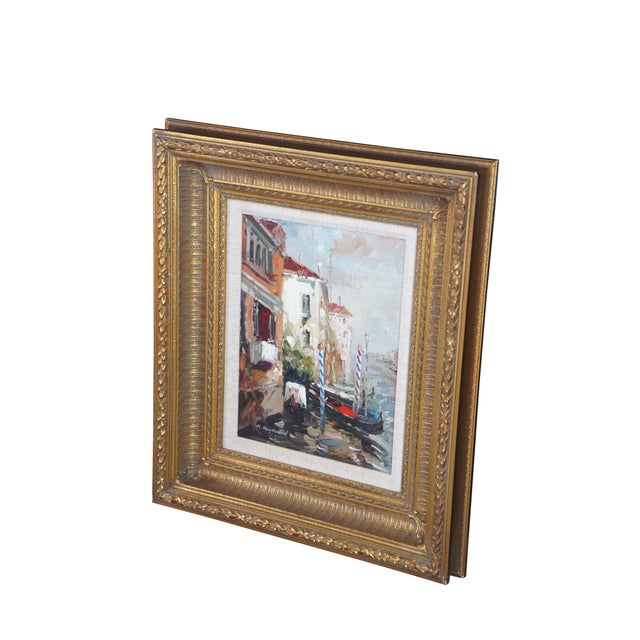 Vintage impressionist oil painting of a Venetian canal scene featuring historic buildings / architecture and gondola...