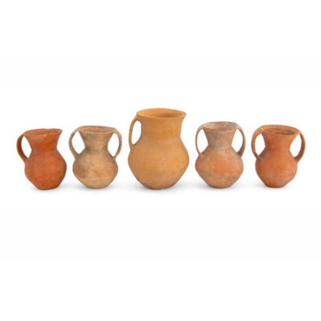 Set of 5 Chinese Neolithic-Style Decorative Jars. Three have two handles and two have one. The largest is 5.5" h x 4.75" dia.