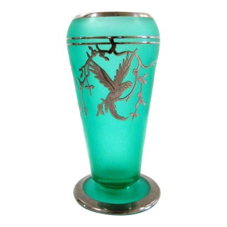 Tiffin Glass Dahlia Vase Green With Rockwell Parrot Sterling Overlay June 1932 For Sale