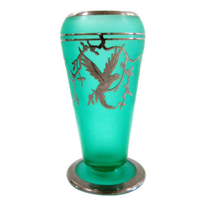 Tiffin Glass Dahlia Vase Green With Rockwell Parrot Sterling Overlay June 1932