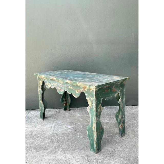 Vintage Distressed Scalloped Green Wood Table For Sale In West Palm - Image 6 of 14