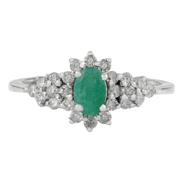 Art Deco Oval Emerald & Diamond Halo Cluster Ring in Silver,Size 8.5 For Sale