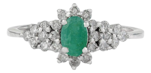Art Deco Oval Emerald & Diamond Halo Cluster Ring in Silver,Size 8.5