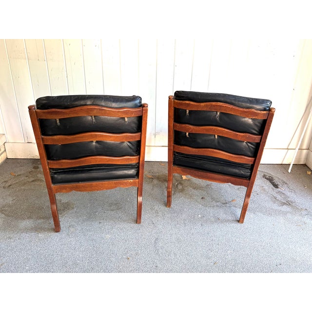 Midcentury Black Leather/Wood Tufted Side Chairs - Pair For Sale - Image 10 of 10