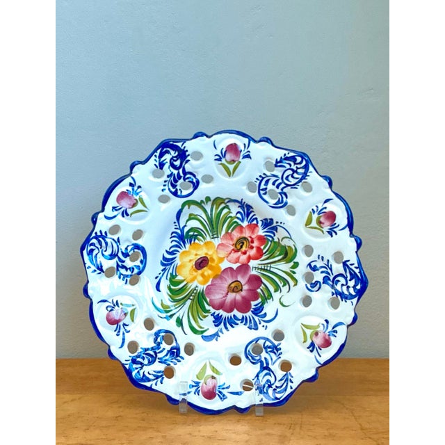 Vintage Portuguese Pierced Ceramic Floral Plate For Sale - Image 10 of 12
