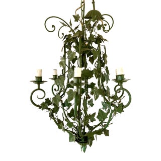 1980s Ethan Allen Large 6-Arm Toleware Chandelier in Dark Green For Sale