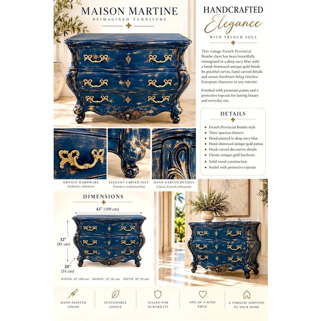 Hand-Painted Royal Blue Pulaski Bombé Chest—Distressed French Provincial Dresser For Sale - Image 15 of 15
